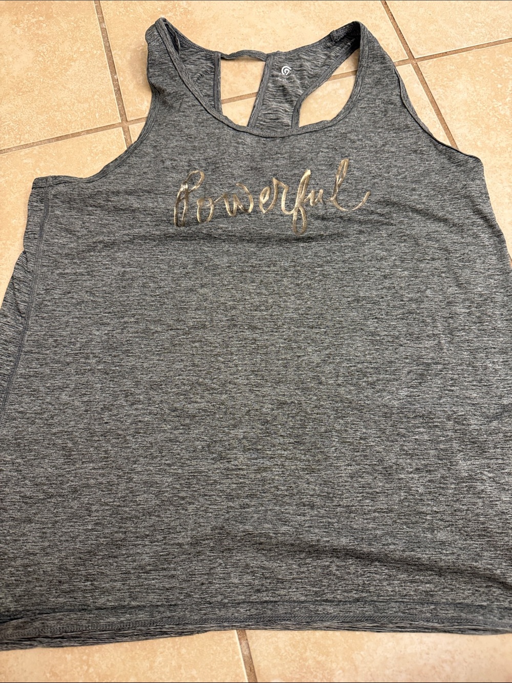 Champion Gray Racerback Tank with Gold "Powerful" Script